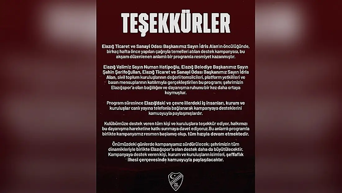Elazığspor'dan teşekkür paylaşımı: Kampanya hâlâ devam ediyor