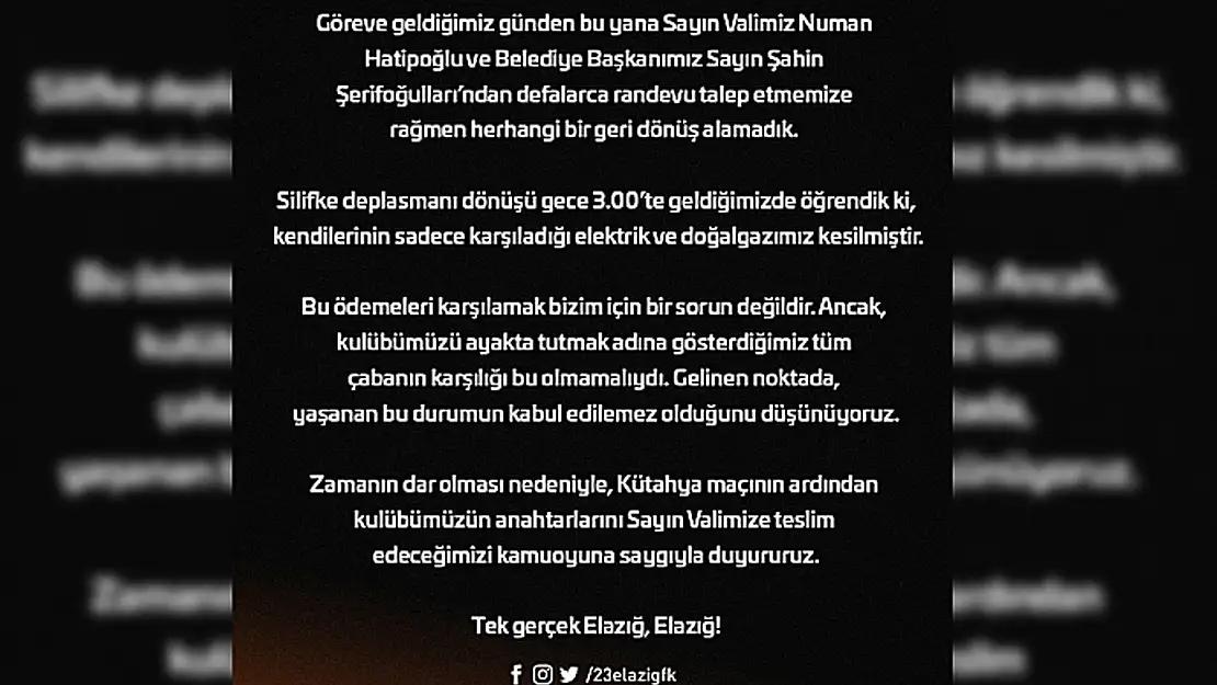 23 Elazığ FK: Kulübün anahtarlarını Valimize teslim edeceğiz