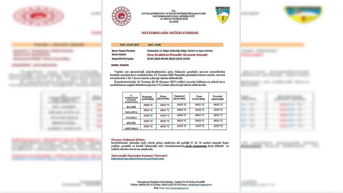 Elazığ Valiliği'nden aşırı sıcaklık uyarısı