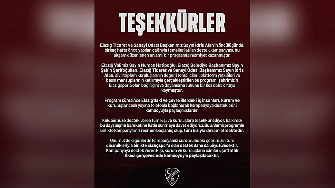 Elazığspor'dan teşekkür paylaşımı: Kampanya hâlâ devam ediyor