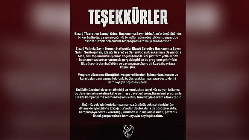 Elazığspor'dan teşekkür paylaşımı: Kampanya hâlâ devam ediyor